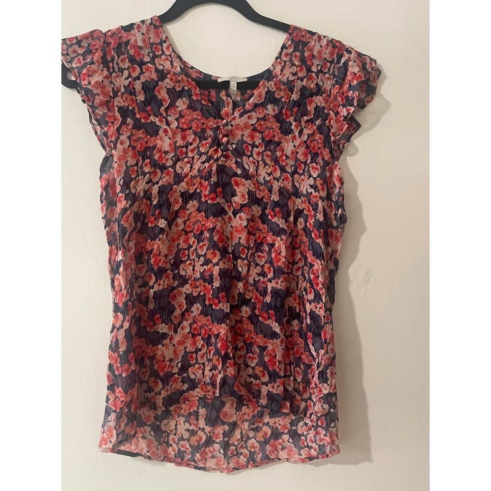 Joie Silk Floral Print V-Neck Flutter Sleeve Blouse Red Navy Small 1892-20790B